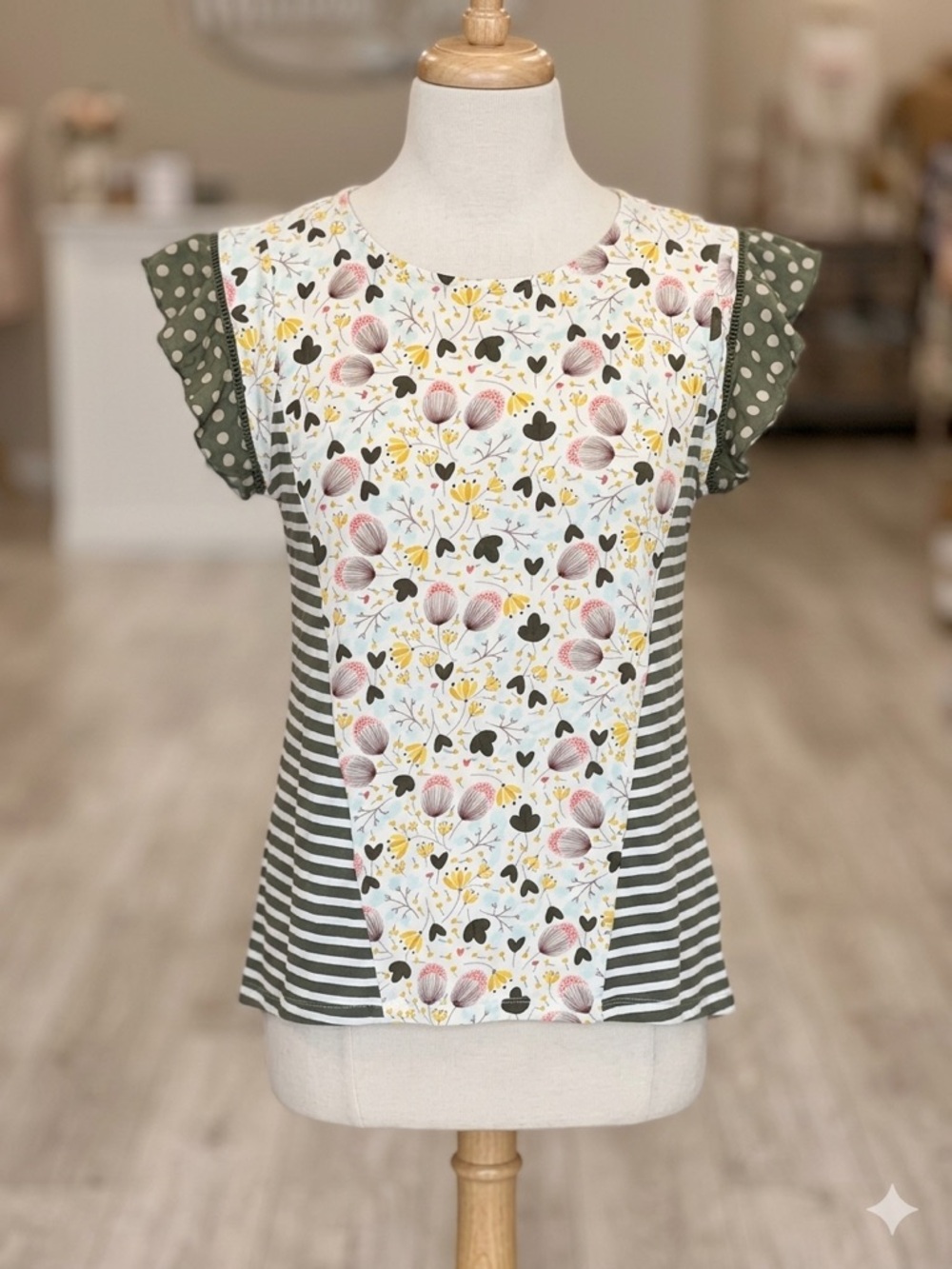 Matilda Jane Olive Stripe & Floral Flutter Sleeve Tee